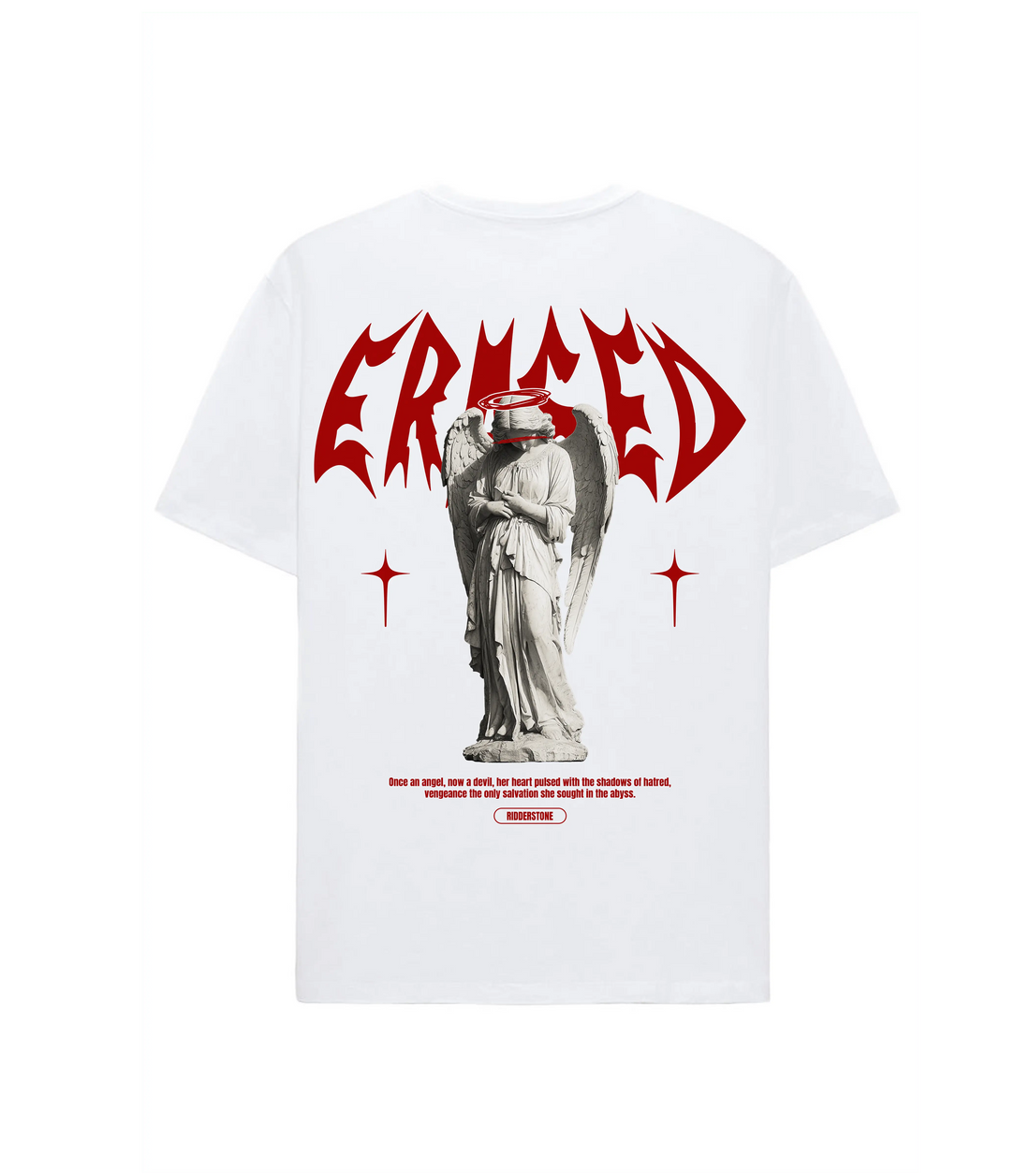 RidderStone Erased T-Shirt – white men's tee with gothic red text and angel statue graphic, streetwear inspired design