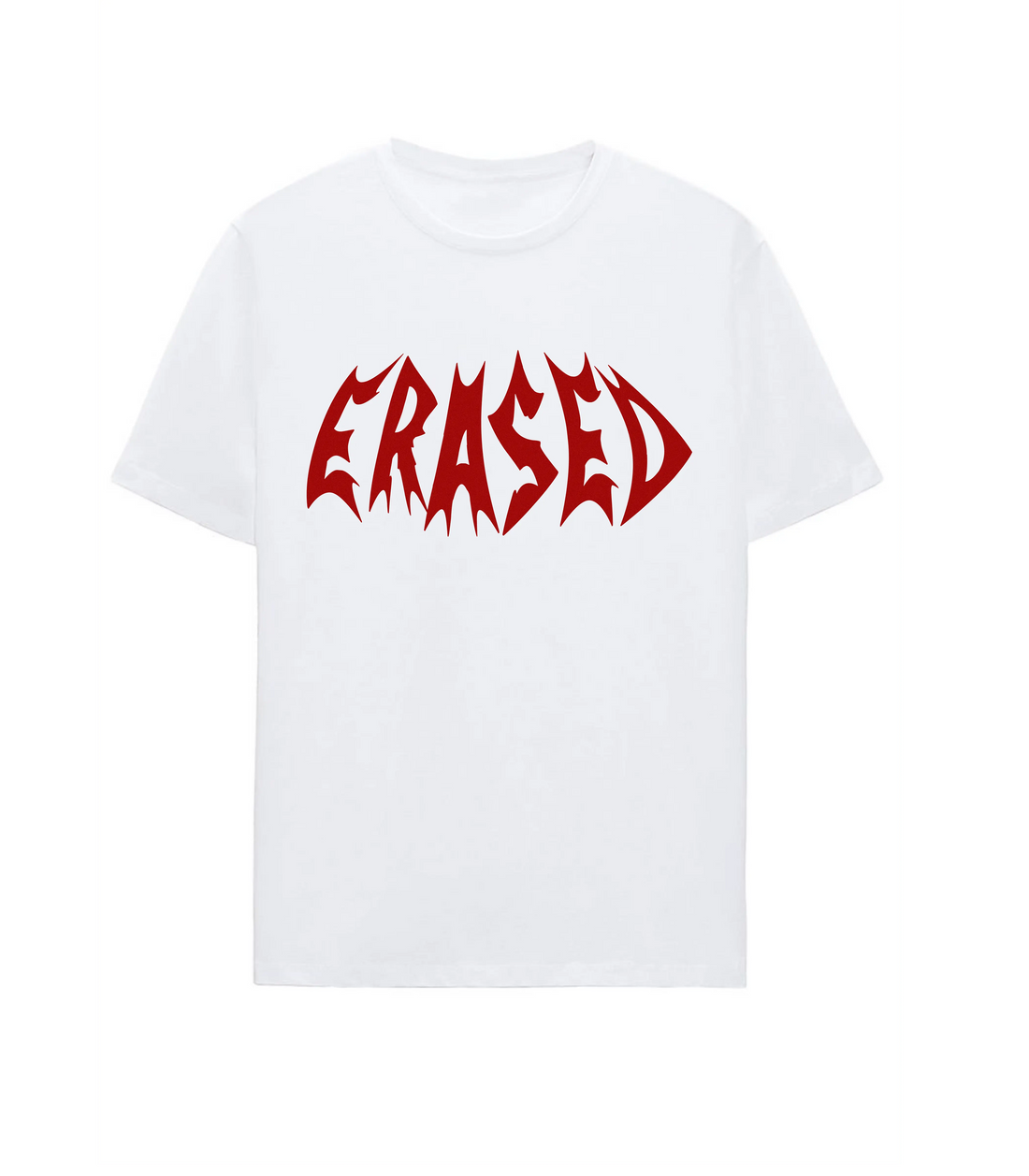 Men's white t-shirt by RidderStone featuring bold red Erased logo – modern gothic streetwear style