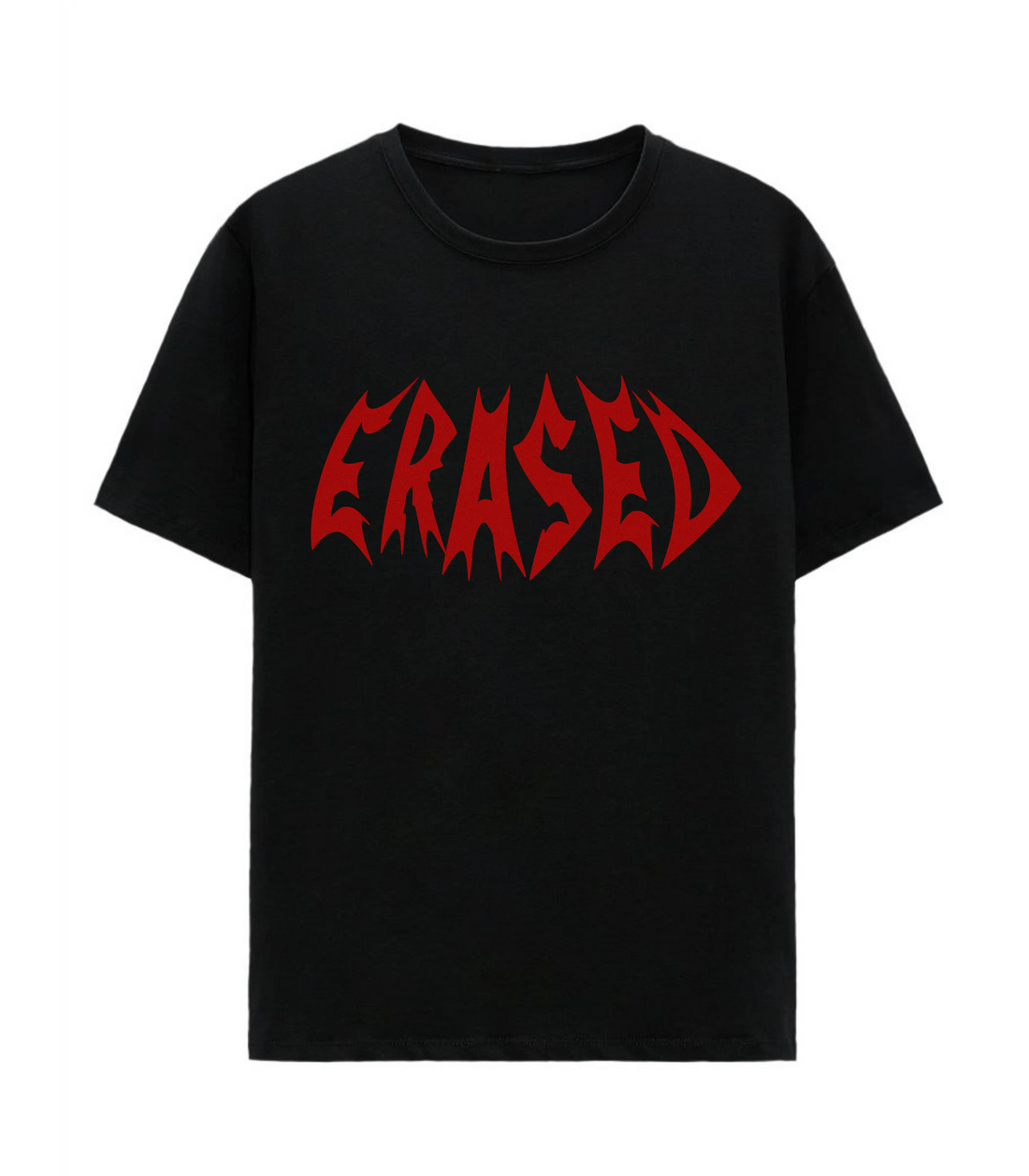 Black t-shirt for men by RidderStone with bold red Erased text – minimalist gothic streetwear design