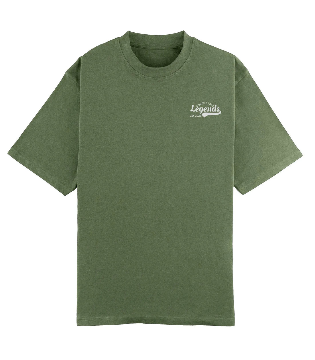 RidderStone Legends men's T-shirt in olive green featuring bold white "Legends" typography with 'Ridder Stone' and 'Est. 2025' text