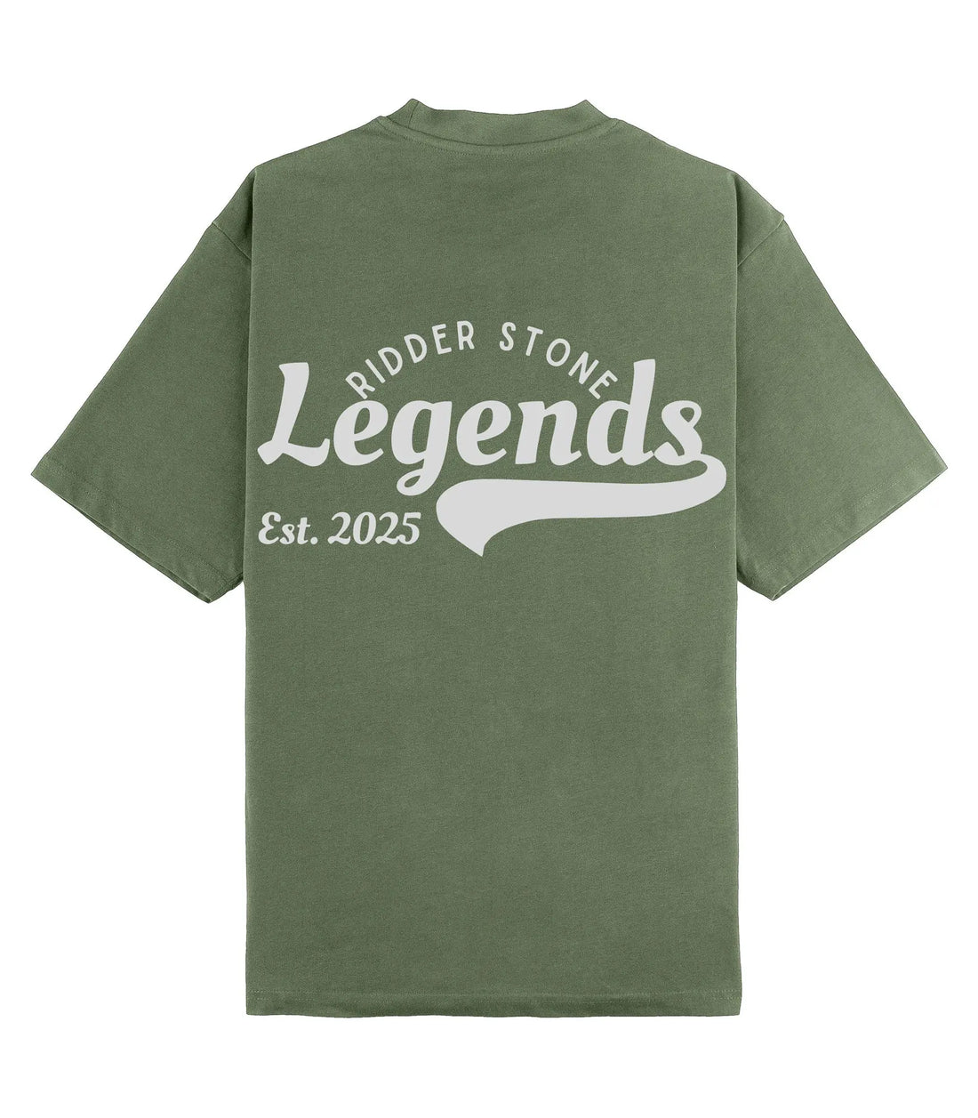 Back view of the RidderStone Legends T-Shirt in olive green featuring bold white "Legends" text with 'Ridder Stone' and 'Est. 2025' design