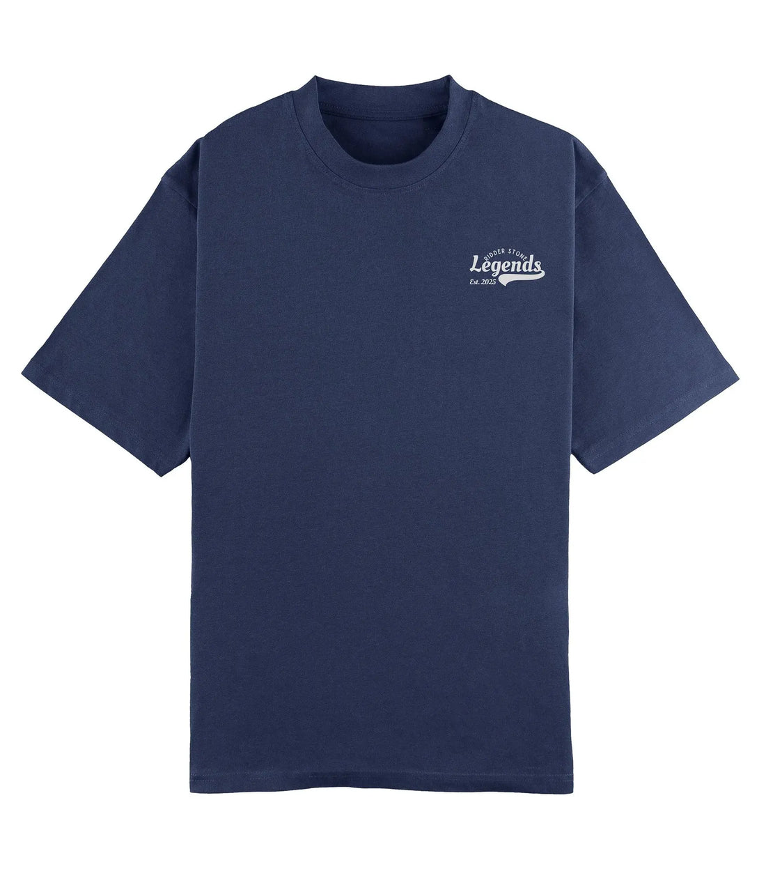 RidderStone Legends men's T-shirt in slate blue featuring bold white "Legends" typography with 'Ridder Stone' and 'Est. 2025' text