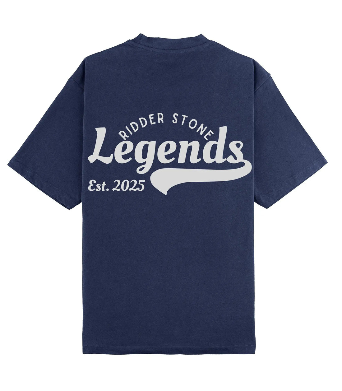  Back view of the RidderStone Legends T-Shirt in deep navy featuring bold white "Legends" typography with 'Ridder Stone' and 'Est. 2025' text