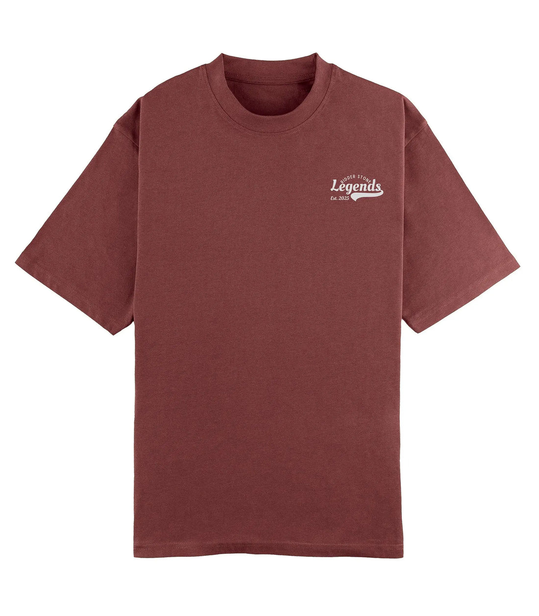 RidderStone Legends men's T-shirt in vintage reddish brown featuring bold white "Legends" typography with 'Ridder Stone' and 'Est. 2025' text