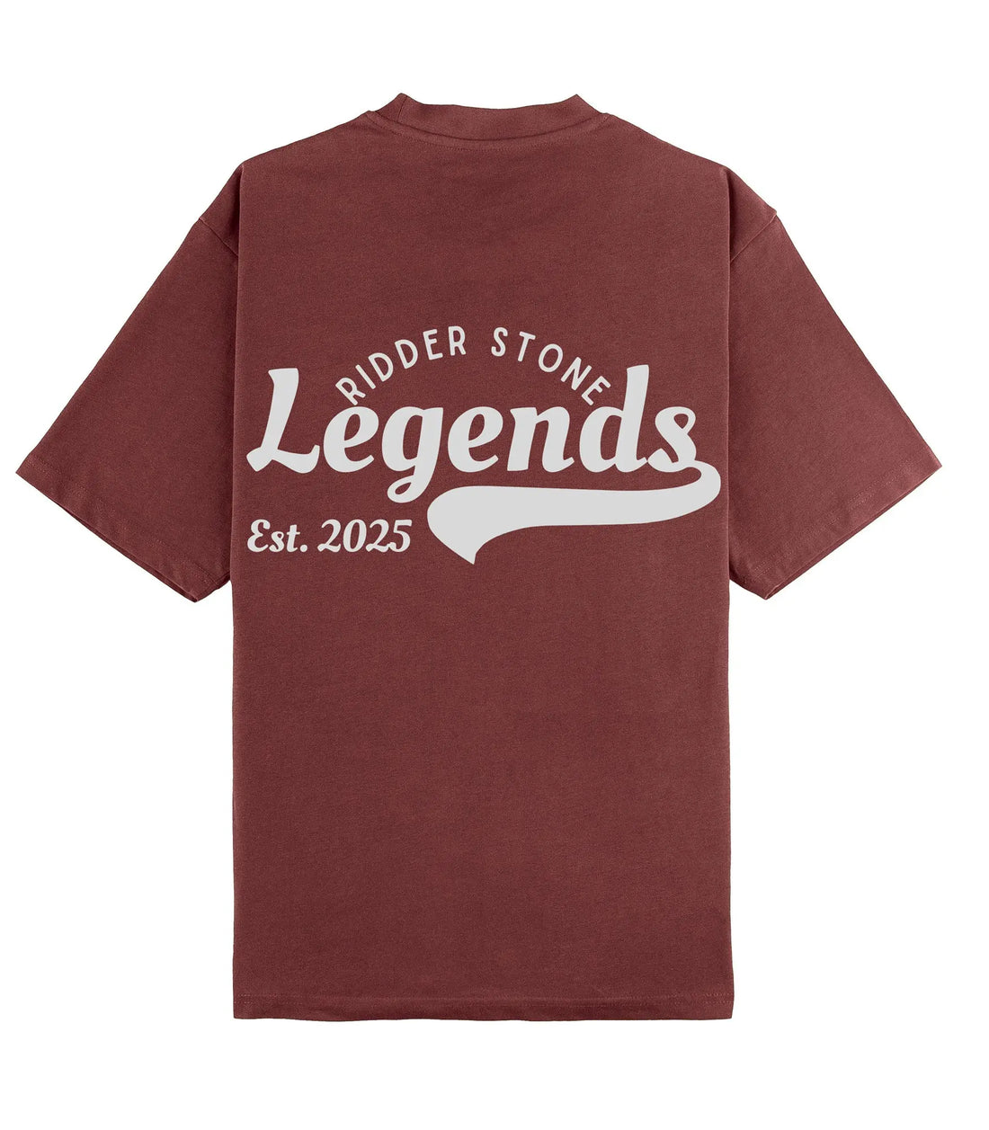Back view of the RidderStone Legends T-Shirt in deep mahogany with bold white "Legends" typography and 'Ridder Stone' and 'Est. 2025' text