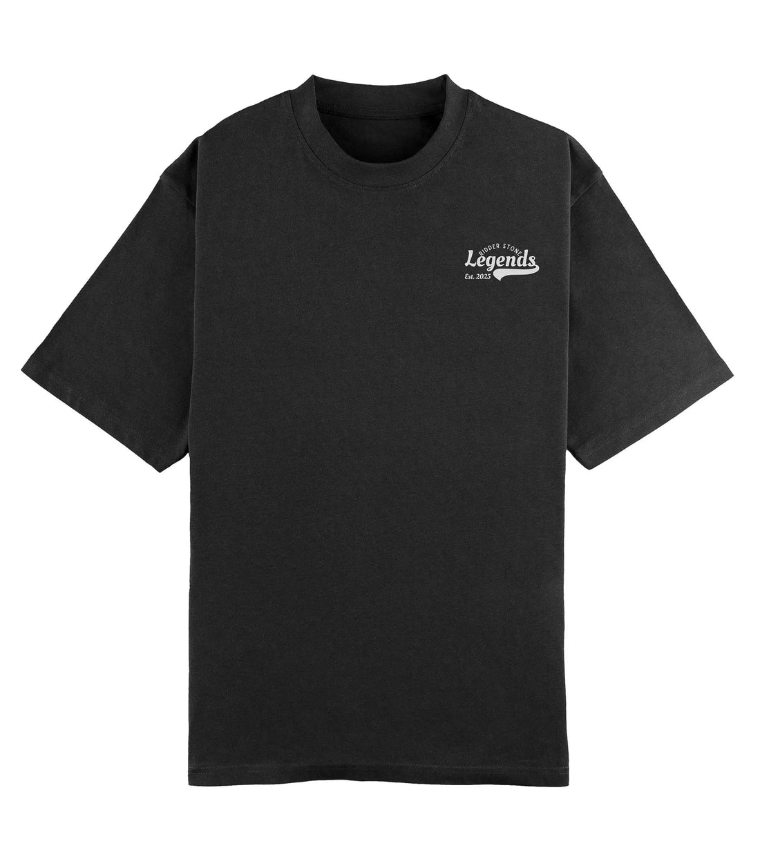 RidderStone Legends T-Shirt in charcoal gray featuring bold white "Legends" typography with 'Ridder Stone' and 'Est. 2025' text