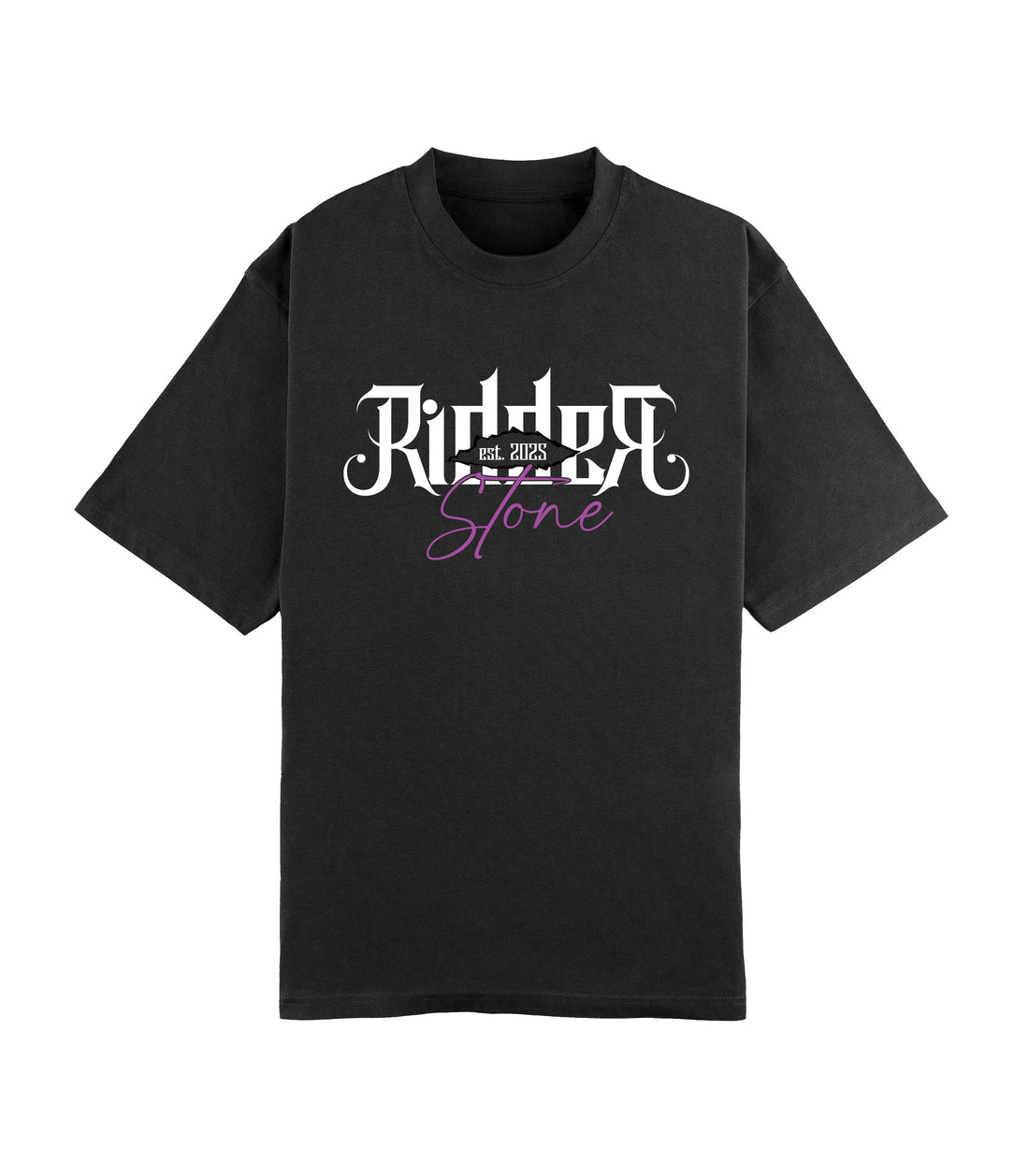Black RidderStone t-shirt for men with gothic and purple script logo – bold streetwear essential

