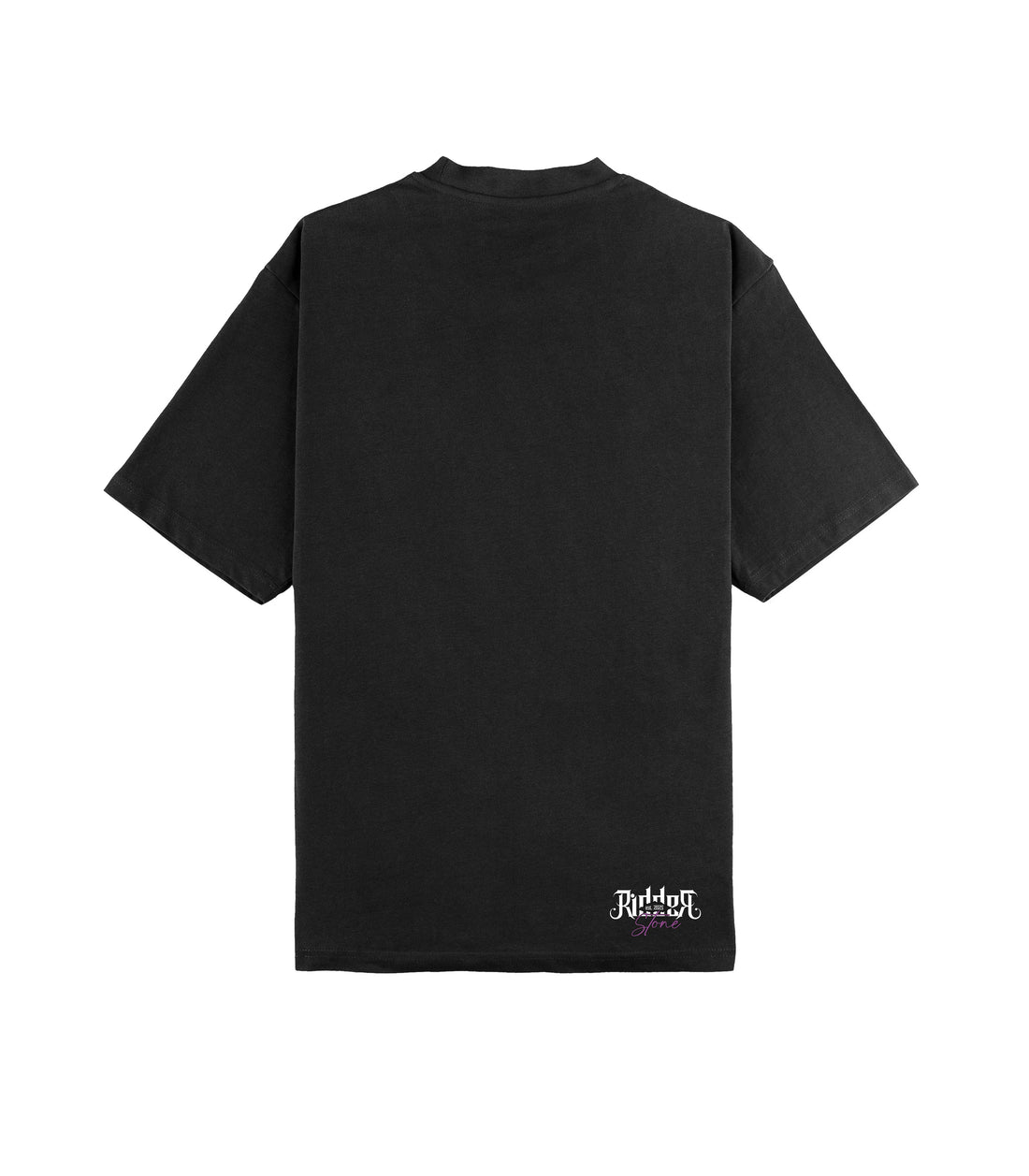 Minimal black RidderStone t-shirt for men with small purple logo on bottom corner – sleek streetwear look
