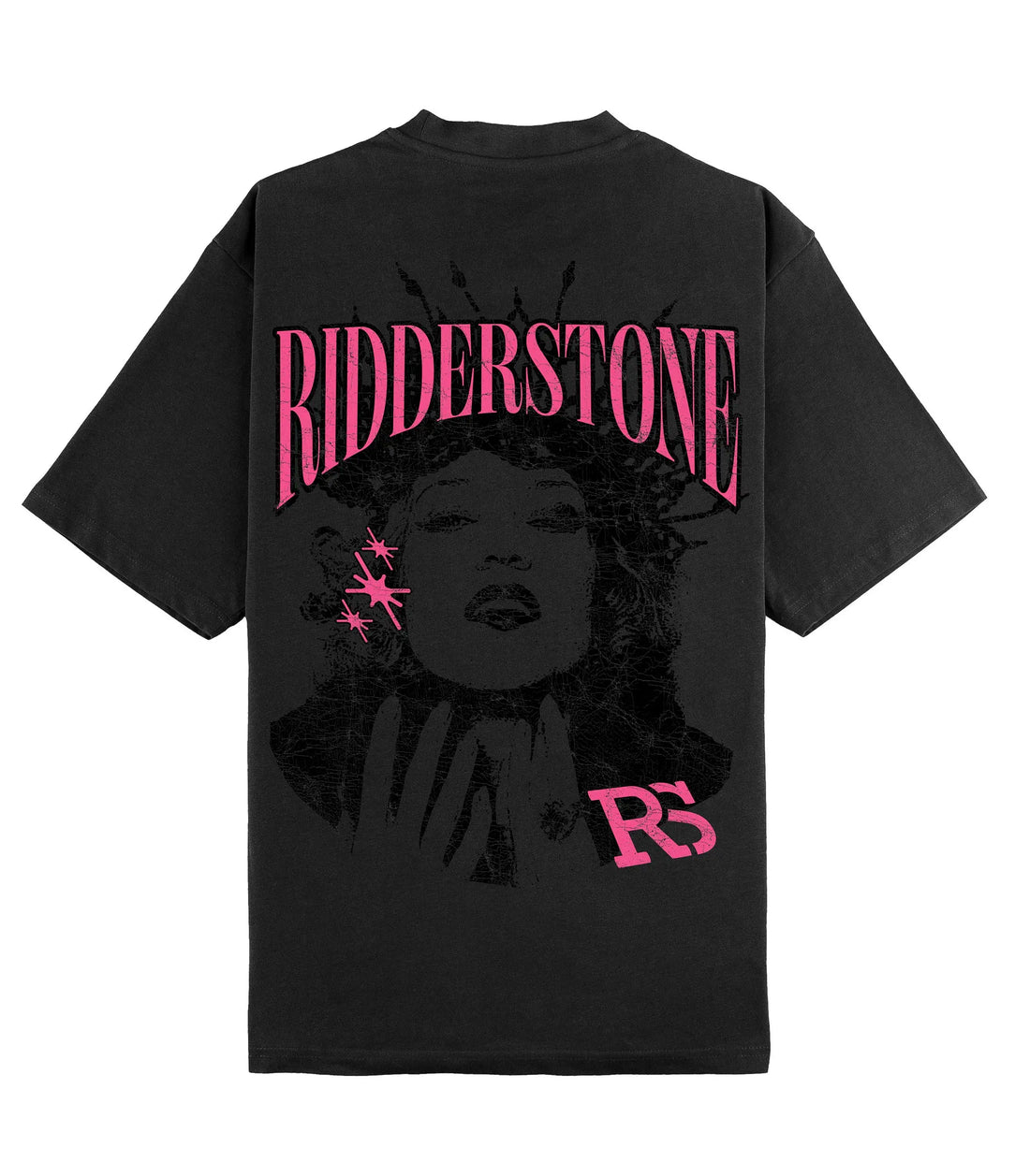 RidderStone Raw Vibes vintage charcoal men's t-shirt featuring bold pink graphic print of a woman with crown-like details and RS logo