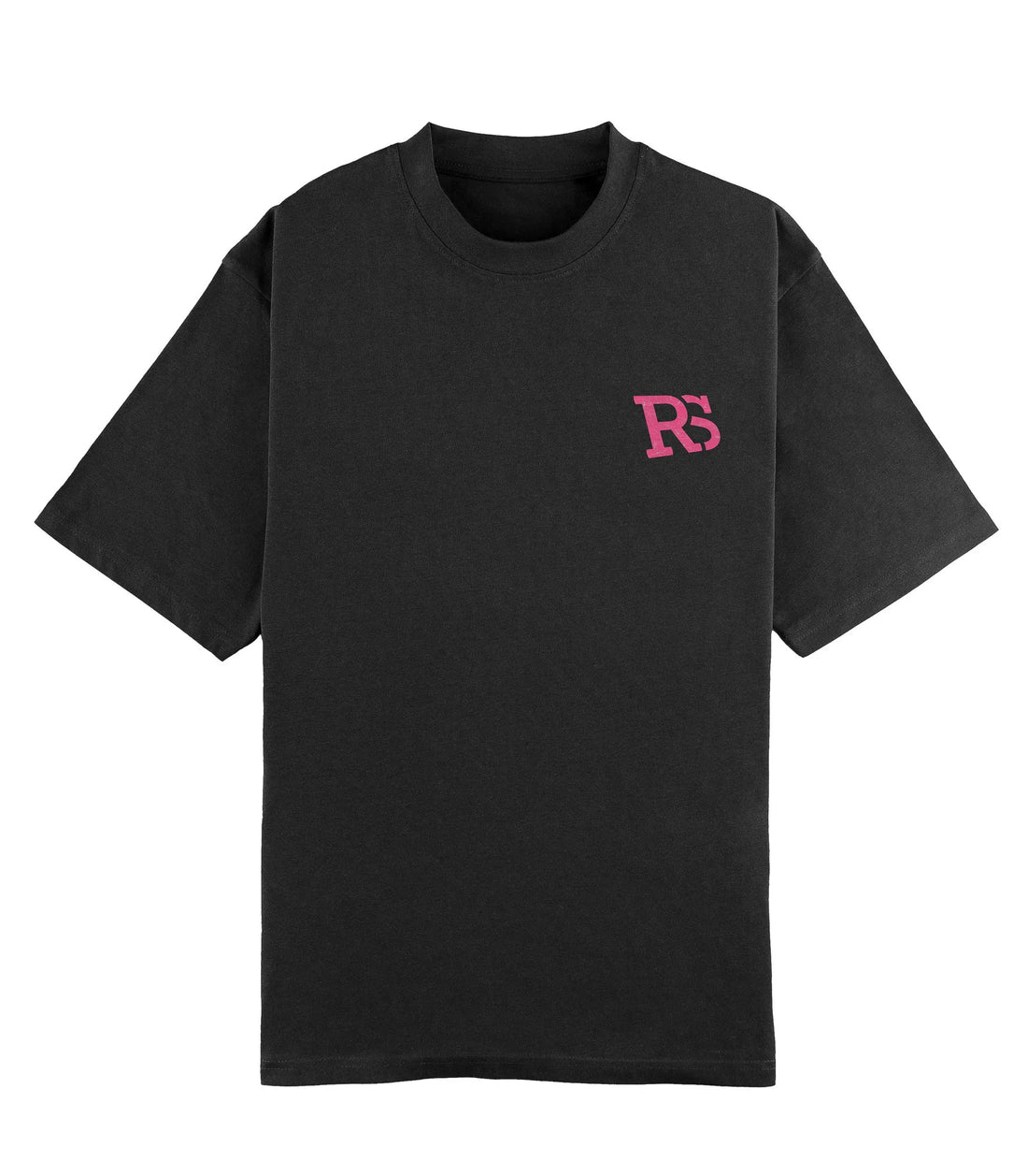 RidderStone Raw Vibes vintage charcoal men's t-shirt with bold pink RS logo on the right side