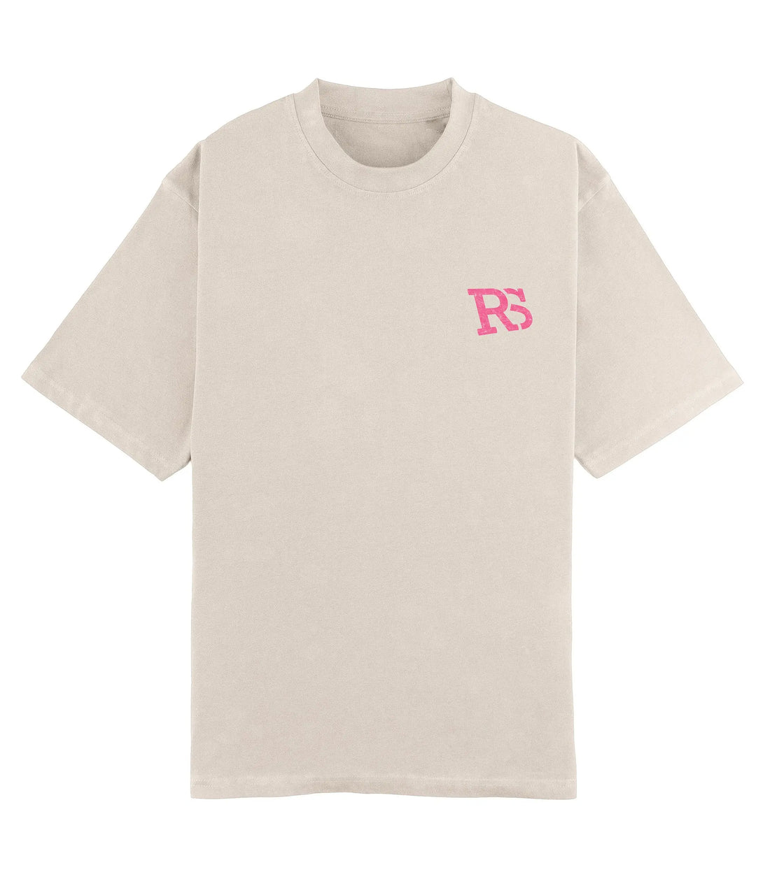 RidderStone Raw Vibes light beige men's t-shirt with bold pink graphic print and streetwear style