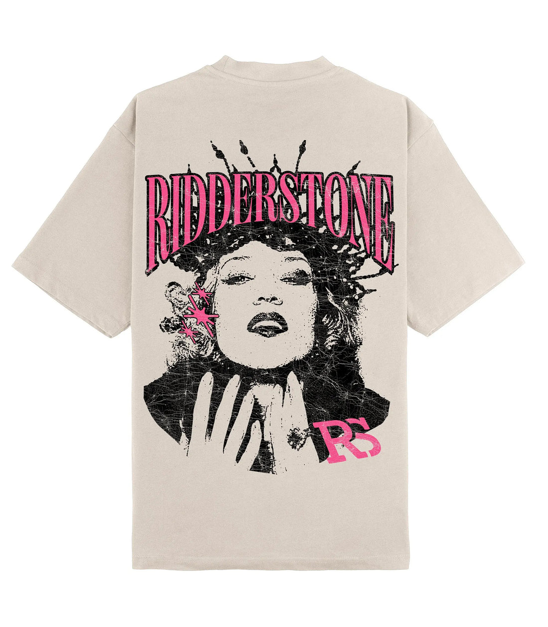 RidderStone Raw Vibes light beige men’s t-shirt with pink RS logo and modern streetwear style