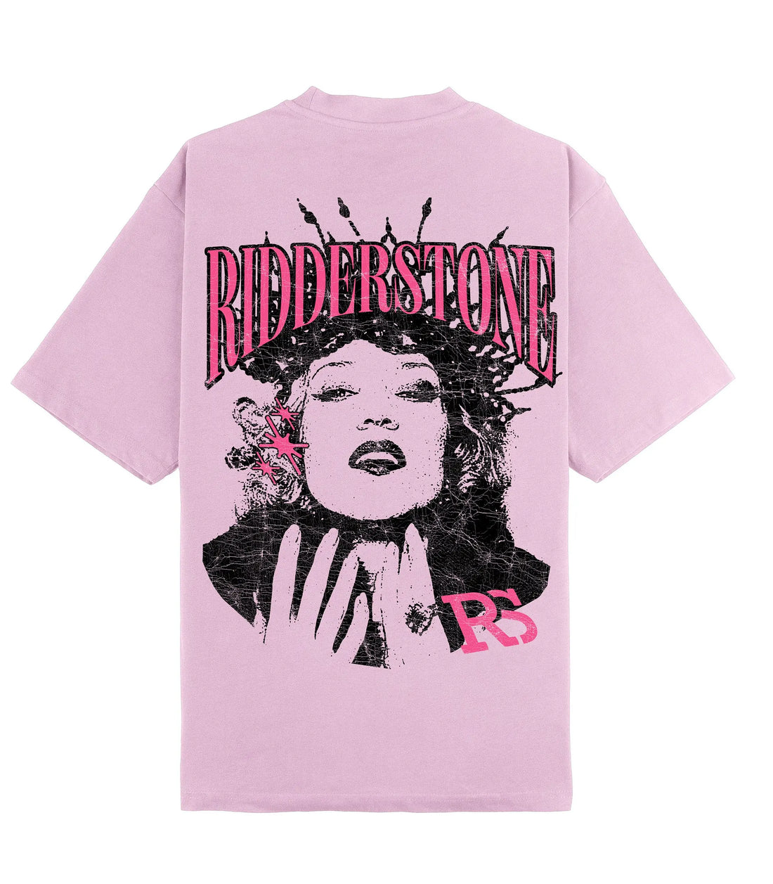RidderStone Raw Vibes light pink men's t-shirt featuring bold pink graphic print of a woman with crown-like details and RS logo