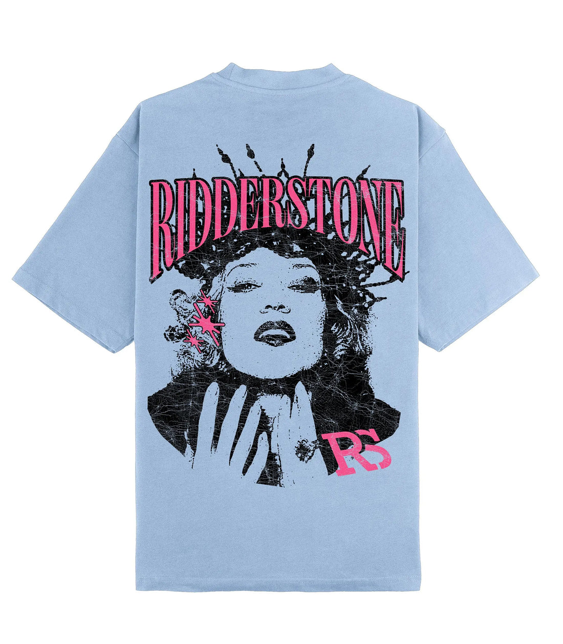 RidderStone Raw Vibes Ocean blue men's t-shirt featuring bold pink graphic print of a woman with crown-like details and RS logo