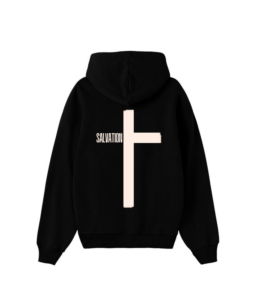 Black hoodie with bold cream cross and Salvation text printed on the back, part of the RidderStone streetwear Salvation Edition collection.

