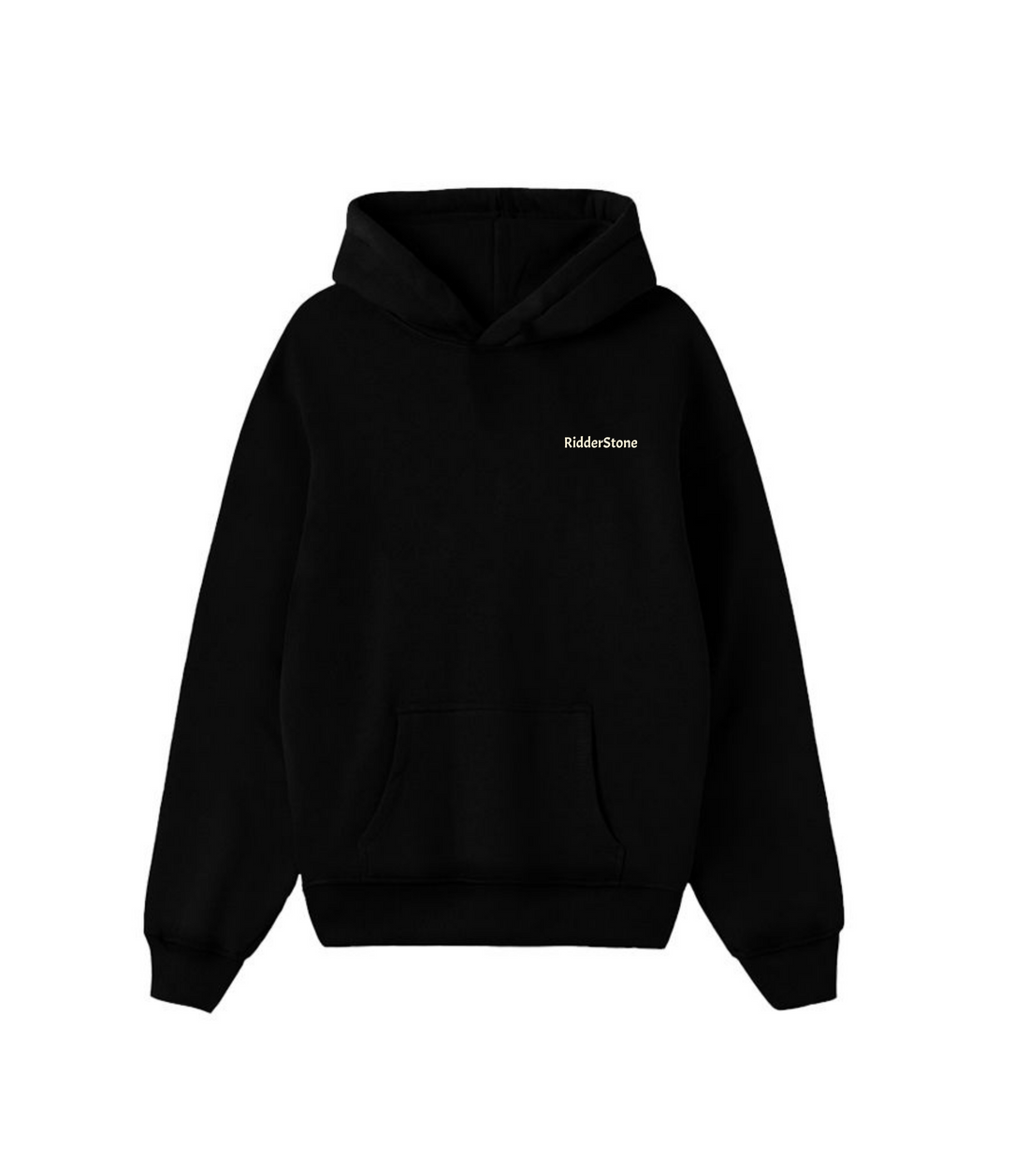 Men's black streetwear hoodie with minimalist RidderStone logo on chest — premium urban fashion pullover