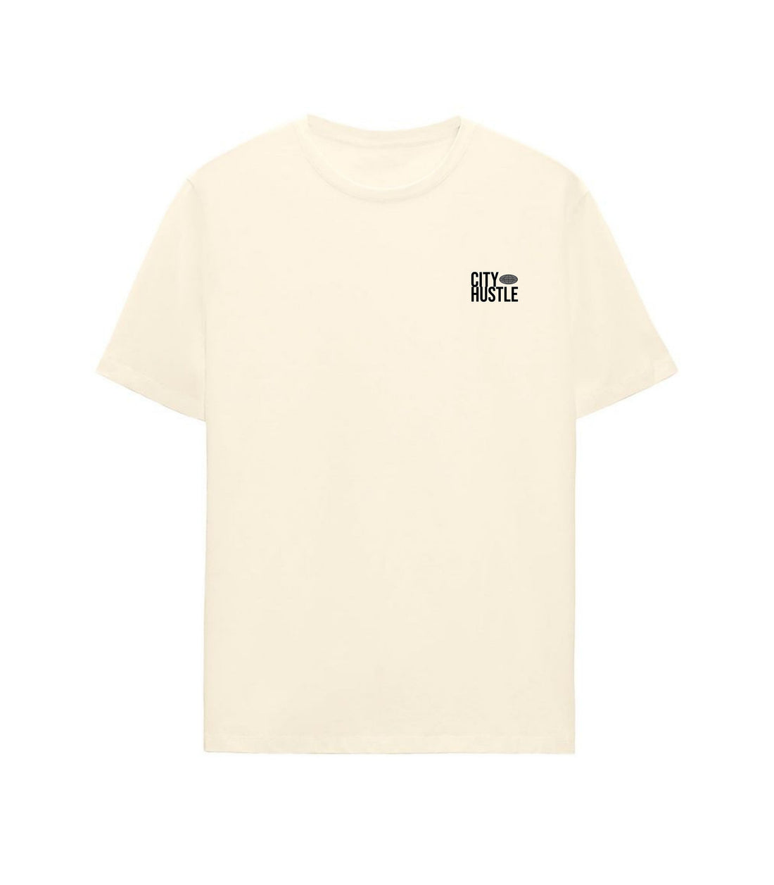 Beige t-shirt featuring a small black "City Hustle Stay Hungry" logo on the left chest, minimalist streetwear design by RidderStone.

