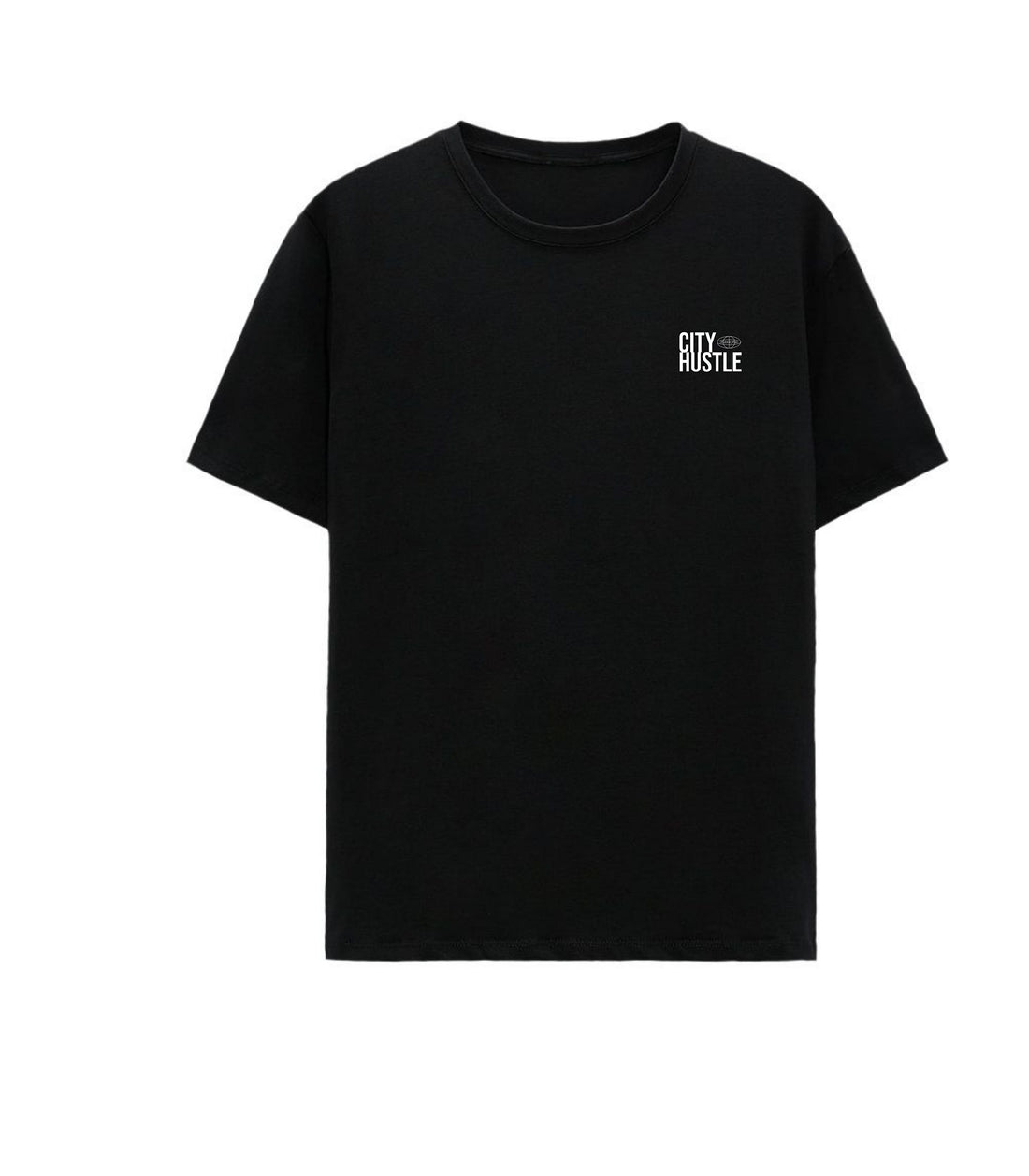 Black t-shirt with a small white "City Hustle Stay Hungry" logo printed on the left chest, minimal streetwear style by RidderStone.