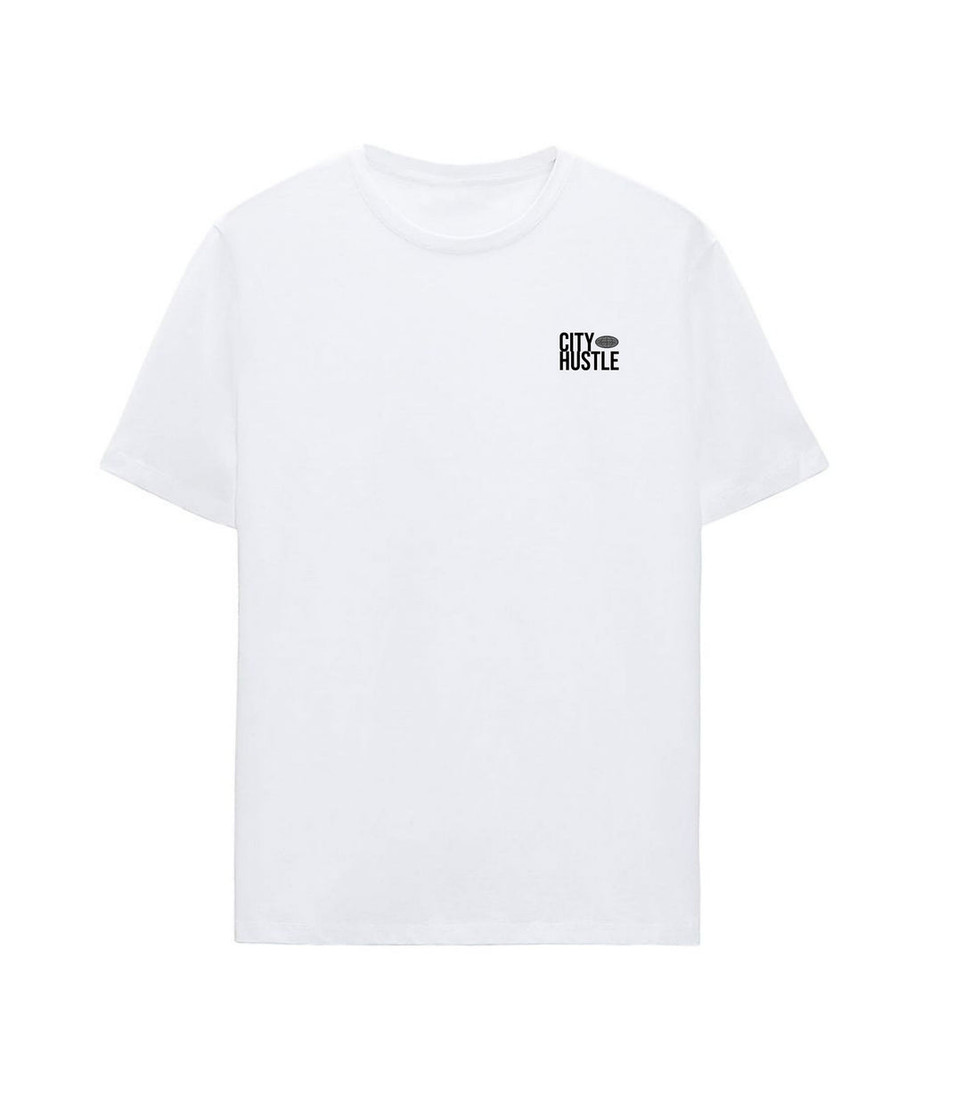 White t-shirt with a minimalist black "City Hustle Stay Hungry" logo on the left chest, clean streetwear design by RidderStone.


