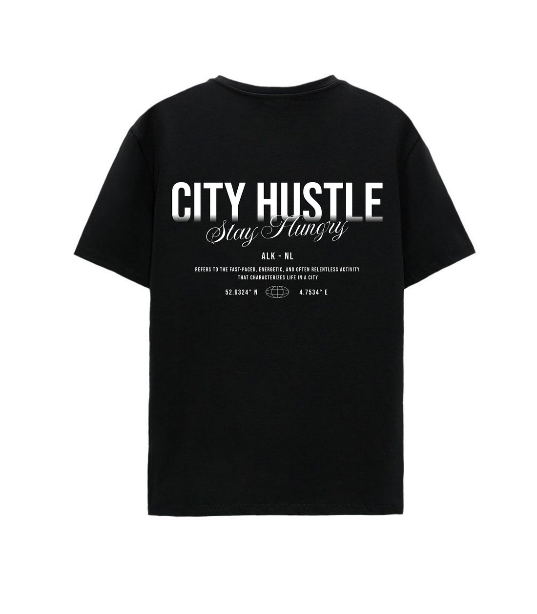 Black oversized t-shirt featuring "City Hustle Stay Hungry" graphic in bold grey and white lettering on the back, designed by RidderStone — urban streetwear inspired by Alkmaar coordinates.