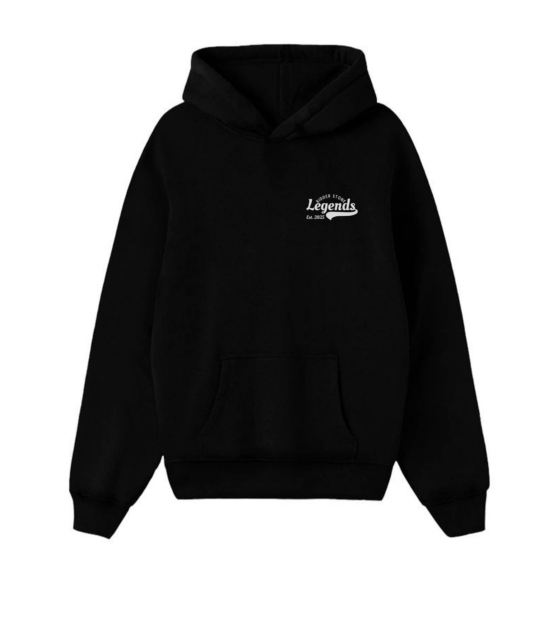 RidderStone Legends men's black hoodie with bold white "Legends" script logo on the upper left chest – premium streetwear pullover

