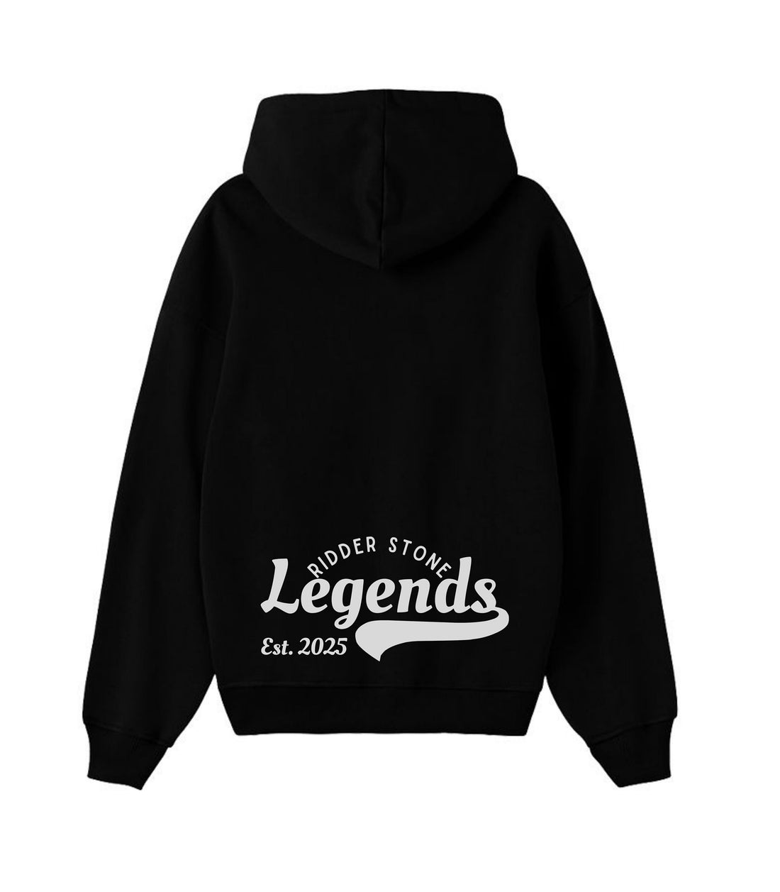 RidderStone Legends men's hoodie in black with bold white "Legends" script and "Est. 2025" detailing – premium streetwear pullover