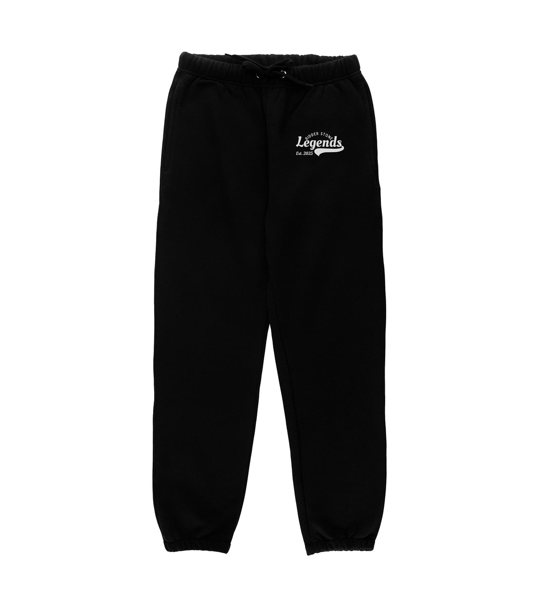 RidderStone Legends men's black joggers with white "Legends Est. 2025" logo on thigh and cuffed ankles – premium streetwear style
