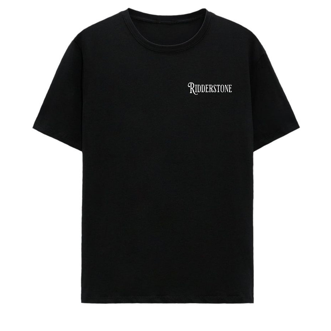 Minimal black RidderStone T-shirt featuring a small white chest logo design.
